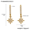 Golden stainless steel eight-pointed star drop earrings with sparkling zircon stones - Octagram Style (F1686)