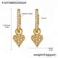 Gold stainless steel heart drop earrings with pave zircons and 20.7mm length specs - Gold Heart Style (F1677)