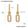 Golden stainless steel drop earrings with zircon crystals in an oval geometric design - Gold Oval Style (F1679)