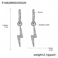Gunmetal lightning bolt earrings with pavé zircons in high-grade stainless steel - Steel Color Lightning Style (F1682)