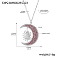 Star and moon necklace with pink zircon pendant in silver-tone stainless steel finish - 42+5cm / Steel Necklace Pink Zirconia