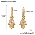 Gold Hamsa Hand earrings in stainless steel with zircon, size 24.6mm x 8mm - Gold Hamsa Hand Style (F1683)