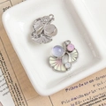 Pink enamel ginkgo leaf charm in silver alloy with iridescent gemstone for DIY jewelry - Pink and White Gradient Ginkgo Leaf Pendant (4#)