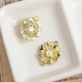 Golden flower connector charm with white pearl and dual hanging rings for DIY jewelry - Gold Wave Flower Connector with Artificial Pearl (18#)
