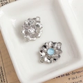 Silver flower charm pendant with blue stone inlay and radial texture on reverse - Silver Wave Flower Connector with Light Blue Gemstone (26#)