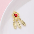 Golden dreamcatcher pendant with red heart gemstone and three feather charms - Dreamcatcher Feather (Price per Unit) / Gold with Red Rhinestone