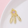 Y2K dreamcatcher pendant with pink heart crystal and golden feathers charm - Dreamcatcher Feather (Price per Unit) / Gold with Pink Rhinestone
