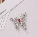 Silver butterfly charm with a central red oval gemstone for DIY jewelry making - Silver Fluid Butterfly with Red Rhinestone (6#)