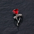 Silver bow brooch with a red heart-shaped crystal bead on dark stone texture - Red Heart Bow (18#)