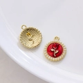 Roter Emaille-Anhänger mit Goldrose und weißem Perlenrand im Vintage-Stil - Goldton Perle Rote Rose