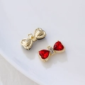 Golden alloy bow pendant with red heart crystals and sparkling zircons for jewelry DIY - Gold Base Red Rhinestone