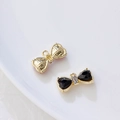 Golden bow pendant with hammer texture and black heart stone with tiny rhinestones - Gold Base Black Rhinestone