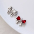 Colgante de lazo plateado con cristales de corazón rojos y pedrería para joyería DIY - Oro Blanco Circonita Roja