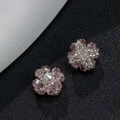 Handmade pink crystal flower earring with pearl center on black textured fabric - No.4 Small Pink Petal With Pearl Center