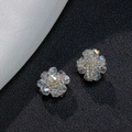 Handmade pearl and crystal flower stud earrings with elegant asymmetrical beadwork - No.6 Small Clear Petal With Pearl Center