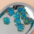 Blue lampwork glass flower beads with colorful swirl details in a steel tray - Lake Blue Colorful Swirl Style (5#)