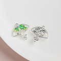 Silver fan pendant with green bamboo leaves, rhinestones and pearls for DIY jewelry - Silver Bamboo Leaf Enamel Style (2#)