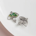 Silver alloy fan pendant with green bamboo leaves, white faux pearl and double rings - White K Bamboo Leaf Enamel Style (3#)