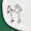 Orecchini lunghi a nappa in argento con cristalli viola e design floreale - Stile Vite Pietra Tonda Viola (7#)