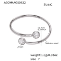 Anello aperto in acciaio inossidabile argento con due zirconi 5A brillanti in misura 7 - US 7 / Color Acciaio Doppia Pietra