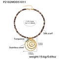 Leopard print silk scarf necklace with stainless steel spiral pendant and turquoise - Gold Spiral Turquoise Style (P1918)