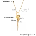 Detail of gold stainless steel necklace featuring zircon heart and cross charms with tassels - Gold Heart Zircon Necklace (P1605)
