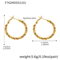 Detailed specs of twisted rope texture hoop earrings in gold-plated stainless steel - Twisted Hoop Style (F762) / Gold