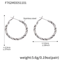 Silver twisted round hoop earrings in stainless steel, 3.5cm height, 5.6g lightweight pair - Twisted Hoop Style (F762) / Steel