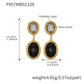 Detail showing 18k gold plated stainless steel earrings with faceted glass stones - Black (Gold Base)