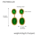 Detailed view of green glass stone earrings with size dimensions and weight specs - Green (Gold Base)