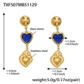 Detail view of gold stainless steel heart earrings with blue gemstone and measurements - Blue Heart Earrings (TXF507)