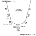 Silver stainless steel beaded necklace with zircon bear and heart pendants and size labels - Steel Color Necklace (TXP500) / 38+5cm