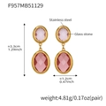 Golden stainless steel earrings with oval pink glass stones and technical dimensions - Mixed Pink (Gold Base)