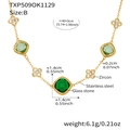 Golden stainless steel four-leaf flower necklace with green glass stones and white zircon - 40+5cm / Green Necklace