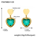 Pendientes de corazón en acero dorado con colgantes de piedra de cristal verde esmeralda - Pendientes Corazón Vidrio Verde Claro Dorado (F947)