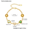 Gold stainless steel bracelet with zircon heart and glass stone drops for women - Gold Bracelet - Green Glass Stone Style