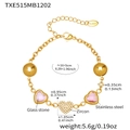 Gold stainless steel bracelet with pink glass heart charms and zircon inlaid centerpiece - Gold Bracelet - Pink Glass Stone Style