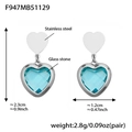 Pendientes de corazón en acero inoxidable con piedra de vidrio azul y medidas - Pendientes Corazón Vidrio Azul Lago Acero (F947)