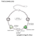 Silver stainless steel heart bracelet with green glass stones and white zircon details - Steel Color Bracelet - Green Glass Stone Style