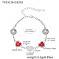 Silver stainless steel chain bracelet with red heart glass stones and zircon accents - Steel Color Bracelet - Red Glass Stone Style