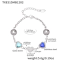 Silver stainless steel heart bracelet with blue glass stones and sparkling zircon charms - Steel Color Bracelet - Blue Glass Stone Style