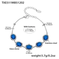 Bracciale in acciaio inossidabile argento con pietre ovali in vetro blu e catena regolabile - Bracciale acciaio con zircone blu (TXE511)