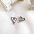 Silver liquid metal heart pendant featuring purple heart-shaped cubic zirconia stone - Silver with Purple Rhinestone