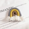 Handmade woven rainbow pendant with grey yellow brown cotton threads and white tassels - Gray (Small)
