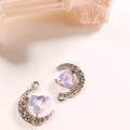 Silver crescent moon charms with heart moonstone and small crystals for DIY jewelry - Light Purple White Gold Plated