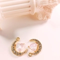 DIY gold heart and moon jewelry pendants with pink stones and clear crystal accents - Light Pink Gold Plated Moon