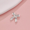 Polished silver alloy bow pendant with oval crystal gem for DIY jewelry and crafts - Silver with Clear Rhinestone (36#)