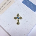 Detail of vintage gold alloy cross pendant with rose relief and heart-shaped purple stone - Rose Heart Cross / Blue Purple + Gold