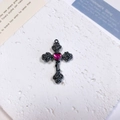 Gothic cross pendant featuring carved roses and a heart-shaped red gemstone detail - Rose Heart Cross / Deep Pink + Gun Black