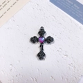 Detail showing Gothic cross pendant with rose patterns and heart-shaped purple gemstone - Rose Heart Cross / Light Pink + Gun Black